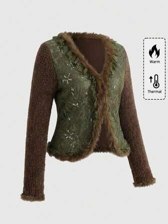 Fairycore Style Plus Size Beaded Embroidered Lace Knit Brown & Green Patchwork Cardigan Sweater, Hippie Boho Chic Plus Size Women Knit Top, Vintage Christmas Sweater For Women, Autumn/Winter