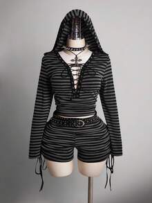 SHEIN ICON Áo thun dệt kim dài tay có mũ trùm đầu họa tiết sọc Punk cổ điển Y2K cỡ lớn - màu đen - Xem 2