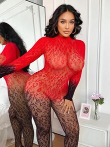 大码女士性感内衣连体衣，黑白渐变豹纹薄纱长袖露背连体衣 - 彩色 - 查看 5