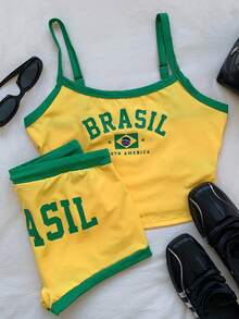 Comfortcana Ba Tây Lá cờ Có màu sắc Áo ba lỗ Và Ngắn Bộ quần short - Màu vàng - Xem 13