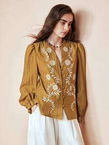 Arave Women's VISCOSE Fabric, V-Neck With Notched Details, Ruffled Edges, Straight Shoulders, Long Sleeves, Gathered Details, Full-Row Button Embroidery Design, Casual Everyday Regular Shirt New Year - Olive Green - View 7