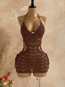 Soleia Holiday Party Dress Women's Halter Tie Waist Hollow Out Drawstring Design Fashion Party Knitted Mini Dress