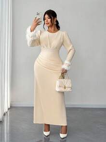 Elenzga Đầm dự tiệc tay dài cổ tròn, eo thắt nơ, viền bèo nhún cỡ lớn dành cho nữ, thanh lịch, lãng mạn, tinh tế, dự tiệc, năm mới, ngày lễ, khách dự tiệc cưới, thu/đông - Màu be - Xem 4