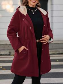 SHEIN PETITE CURVE Plus Size Waisted Hooded Fleece Jacket With Pocket - Burgundy - View 4