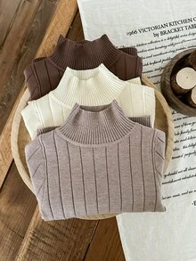SHEIN LMoss Kids 3件套 女童纯色针织休闲毛衣 - 摩卡棕 - 查看 3