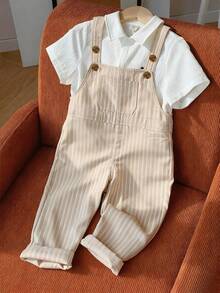 SHEIN 1pc Young Boy Casual Comfortable Stylish Simple Practical Versatile Soft Khaki Striped Fabric Bib Overall Pants, Suitable For Spring/Summer