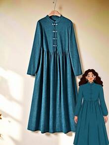 Rusticease 女士休闲纯色立领长裙 - 湖藍色 - 查看 1