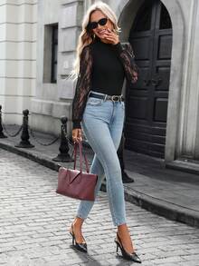 SHEIN LUNE 女士休闲蕾丝拼接袖口修身长袖上衣，黑色，休闲款 - 黑色 - 查看 6