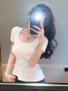 DAZY 女士休闲短款系带圆领T恤，春夏款 - 白色 - 查看 7