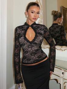 Glamine Women's Lace Patchwork Black Hollow Out Long Sleeve Top - Black - View 1