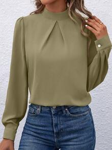 EMERY ROSE 1pc Women's Solid Color Stand Collar Elegant Long Sleeve Blouse - Green - View 5