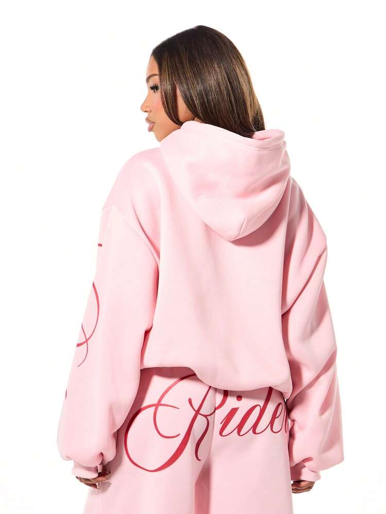 SUMWON Oversized Pink Hoodie With Star Graphic Print Long Sleeve Drawstring Pullover Sweatshirt Casual Streetwear