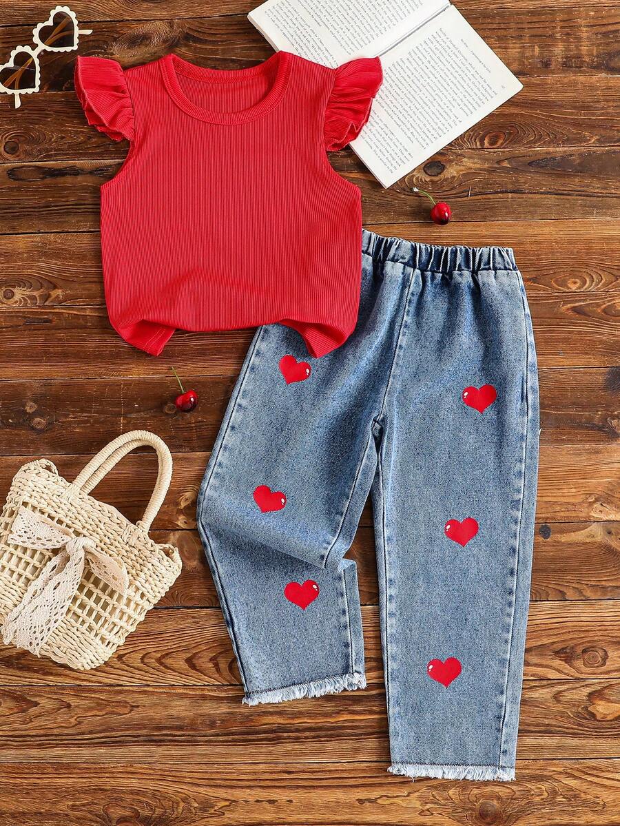 Vintaside Kids 女童红色短袖T恤和裤子套装 - 紅色 - 查看 1