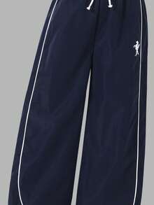 Teen GirlCasual Color Block Waistband, Contrast Trim Decor, Relaxed Fit Wide Leg Woven Pants, Fashionable Loose Casual Trousers, Valentine's Day