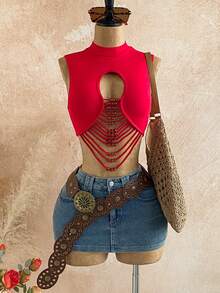 Soleia 春夏新款休闲度假西部海滩婚礼宾客着装毕业早午餐女士圣帕特里克节春假复活节音乐节优雅波西米亚热带露背镂空串珠流苏仿珍珠装饰设计无袖背心情人节派对 - 紅色 - 查看 5