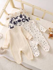 Bộ đồ ngủ 3 món cho bé sơ sinh, họa tiết động vật, màu pastel trung tính, cổ tròn, tay dài, quần dài liền thân và váy, nhiều màu sắc, thích hợp cho cả bốn mùa, lễ hội 2026, chất liệu mềm mại, dịu nhẹ, là món quà lý tưởng cho bé sơ sinh. - Nhiều màu - Xem 2