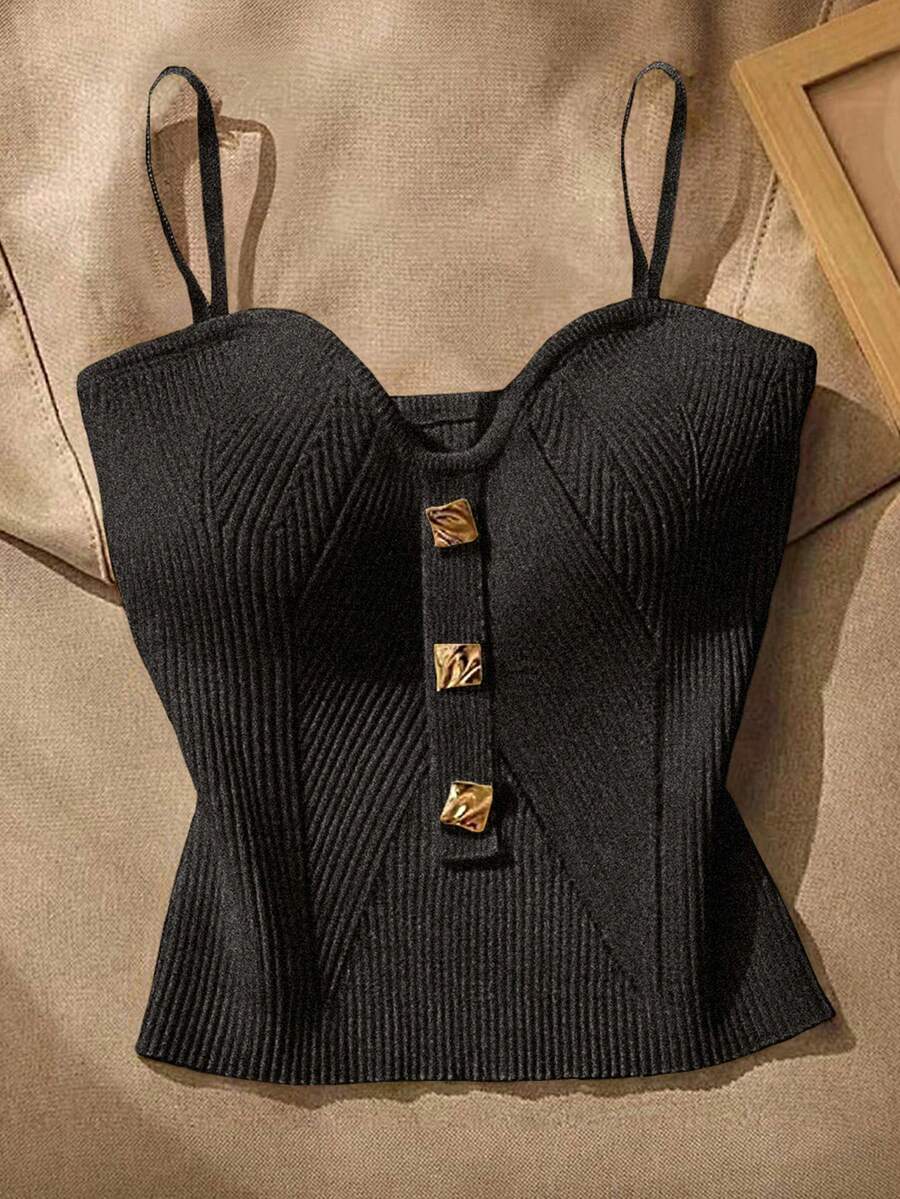 SHEIN 女士金属装饰休闲百搭吊带针织上衣 - 深灰色 - 查看 1