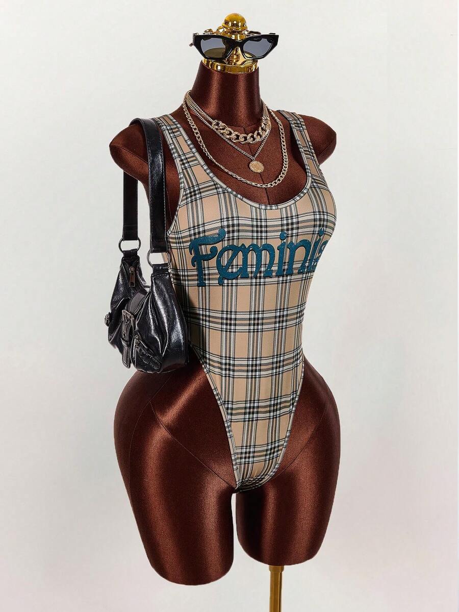 Amplova Women's Low-Cut Bodysuit With Plaid Pattern, Slogan, Distressed Finish, Sexy And Avant-Garde Backless Design - Multicolor - View 1