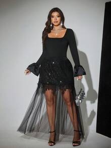 Viva Relle Plus Size Fashionable Party Sequin Contrast Mesh SkirtValentine's Day - Black - View 2