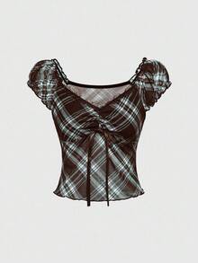 ROMWE J-Fashion Camiseta de moda con cuello de encaje en contraste, mangas cortas raglán y estampado de cuadros para mujer, estilo Y2K - Multicolor - Ver 6