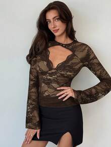 Aloruh 黑色蕾丝音乐节性感透视深V领长袖女式上衣 - 咖啡棕 - 查看 6