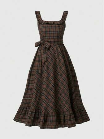 Fairycore Plus Size Casual Brown Plaid Dress