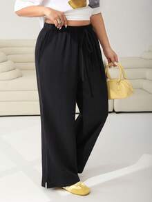 Solflare Plus Size Women's Casual Everyday Commute Simple Versatile 100% Cotton Solid Color Textured Fabric Drawstring Waist Loose Wide Leg Pants - Black - View 6