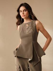 Anewsta Elegant Embroidered Waist Fitted A-Line Asymmetrical Hem Women's Tank Top - Khaki - View 4