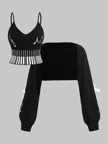 ROMWE Kawaii Bộ áo len cardigan dệt kim họa tiết nốt nhạc và phím đàn piano Y2K cổ điển cỡ lớn - màu đen - Xem 6