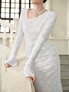Selianne Elegant Asymmetric Ruffle Lace Mermaid Hem Long Sleeve Dress For Women, Suitable For Party, Date, Casual Wear, Afternoon Tea - White - View 5