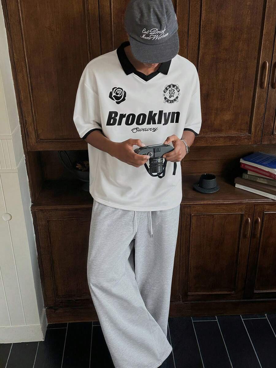 SWAVVY 男士字母印花短袖休闲宽松 Polo 衫 - 白色 - 查看 1