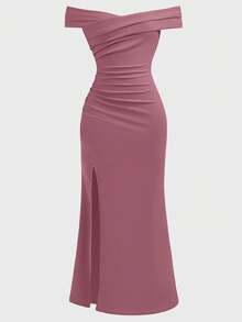 SHEIN Girlism Teen Girls Party Wear Off Shoulder Ruched Elegant Criss-Cross Fishtail Hem Dress Evening Wear Teen Dress Elegant Bridesmaid Dress Simple Prom Dress Dress For Wedding Guest - Rusty Rose - View 4