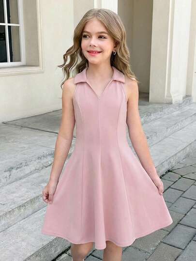 SHEIN Serisse Kids Tween Girl Solid Color V-Neck Sleeveless Waist Cinched A-Line Dress