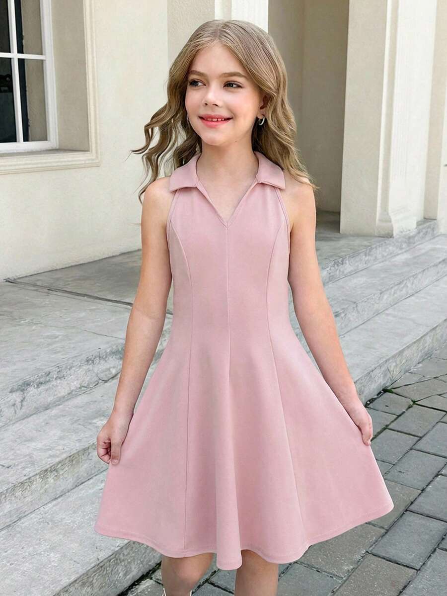 SHEIN Serisse Kids 少女纯色V领无袖收腰A字连衣裙 - 粉色 - 查看 1