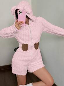 SHEIN Bear Embroidery Long Sleeve Shorts Animal Hooded Pajamas - Pink - View 2