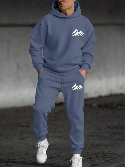 Manfinity Homme 男士山景印花休闲卫衣和运动裤套装（2件套），秋冬服装