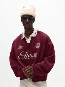 SUMWON Embroidered Logo Polo Collar Long Sleeve Sweatshirt Oversized Box Fit Pullover Crew Neck Casual Streetwear - Burgundy - View 6