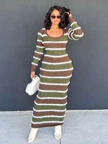 Alexandranx Nuevo vestido midi ajustado con tirantes de estilo vintage a rayas en contraste de color verde y café, versátil desde principios de otoño hasta el profundo invierno - Café integral - Ver 2