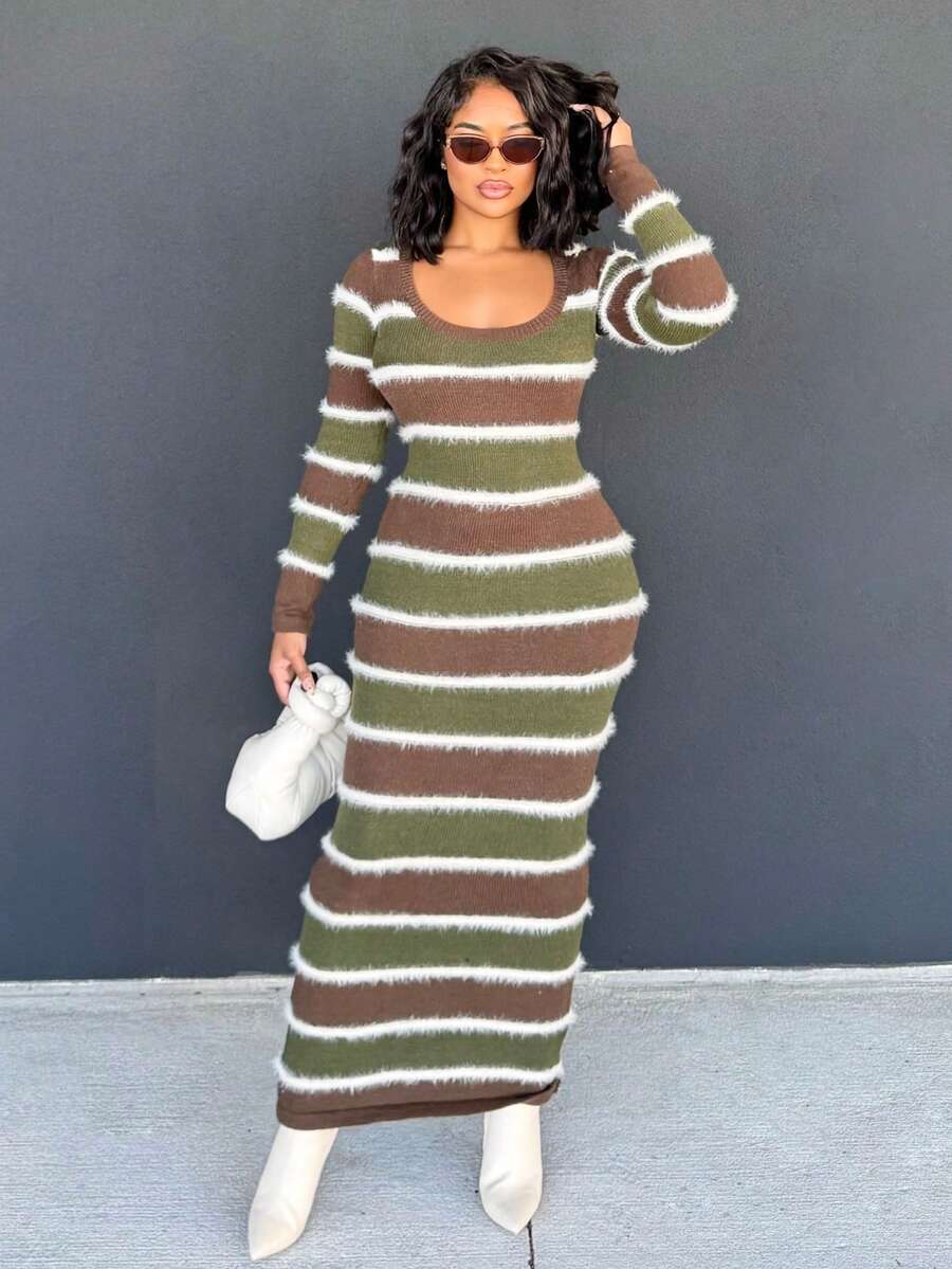Alexandranx Nuevo vestido midi ajustado con tirantes de estilo vintage a rayas en contraste de color verde y café, versátil desde principios de otoño hasta el profundo invierno