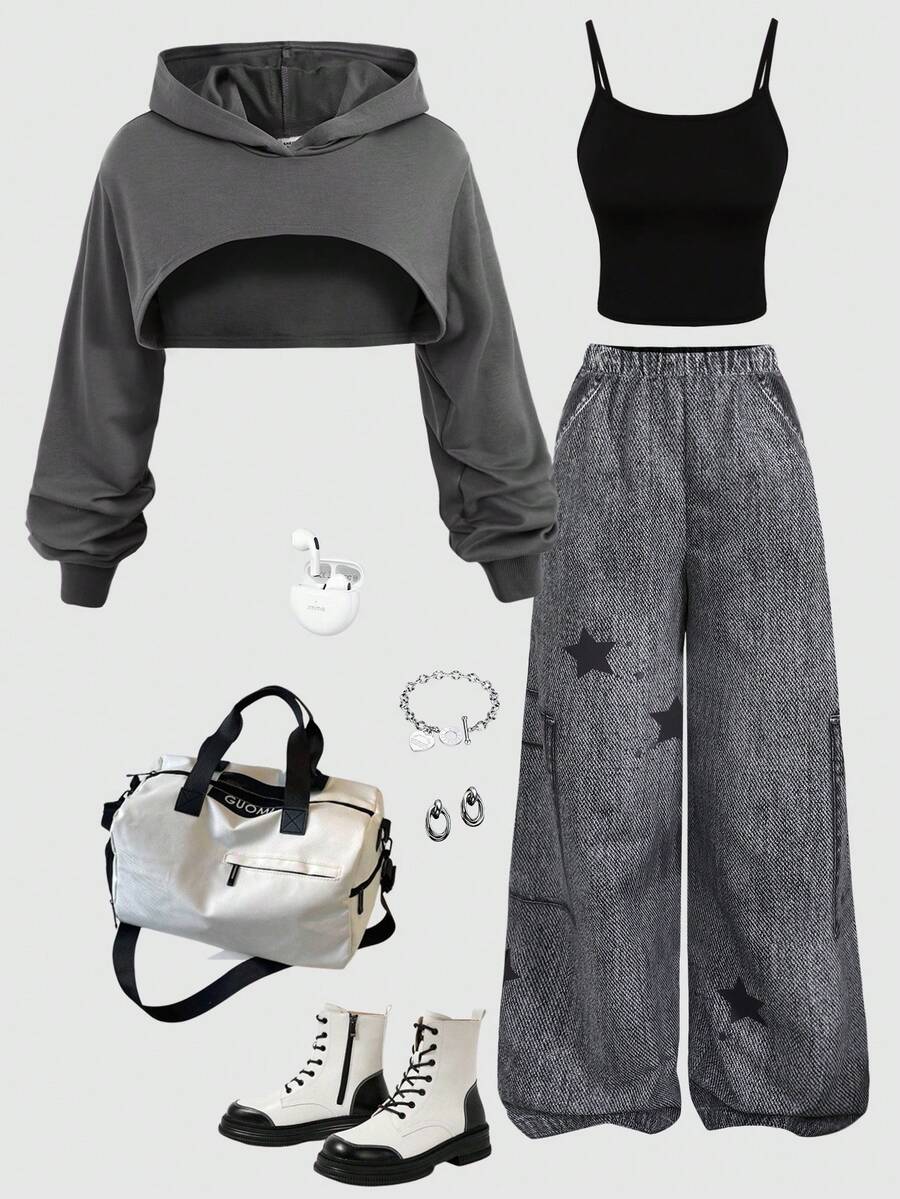 Girlism 三件套少女连帽衫、印花吊带背心和休闲裤套装 - 彩色 - 查看 1