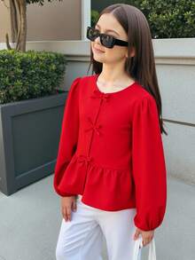 Firerie Kids 少女春夏新款红色编织灯笼袖可爱蝴蝶结衬衫，适合情人节、母女装、姐妹装，红色上衣 - 紅色 - 查看 1