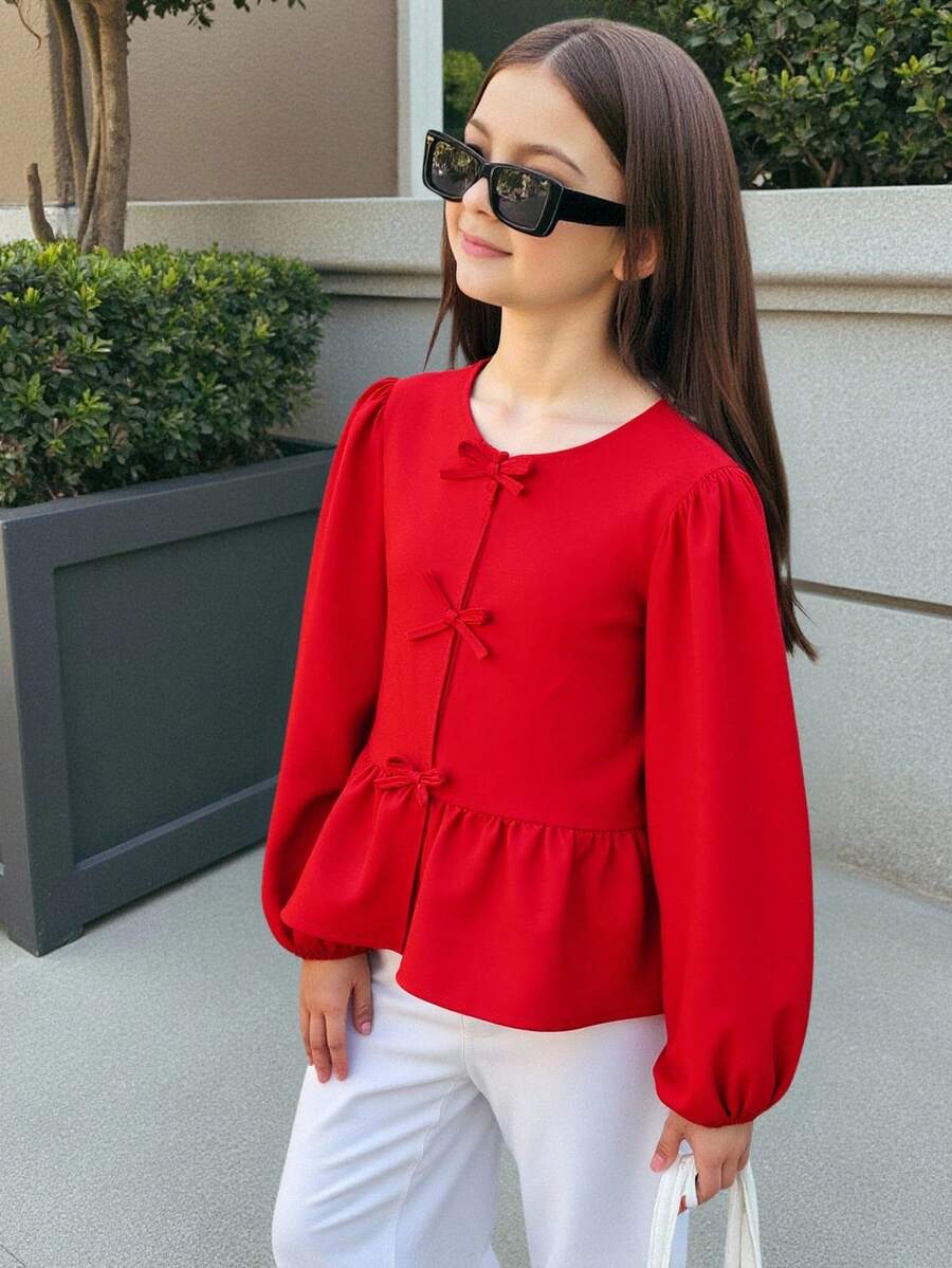 Firerie Kids 少女春夏新款红色编织灯笼袖可爱蝴蝶结衬衫，适合情人节、母女装、姐妹装，红色上衣 - 紅色 - 查看 1