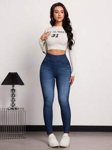 SHEIN Tall Winter Summer Women's High-Stretch Comfort Knit Denim High Waist Skinny Casual Versatile Blue Denim Jeans - Dark Wash - View 6