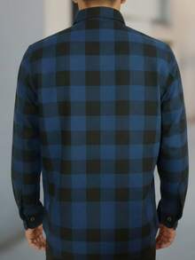 Camisa masculina estilo vintage cuadritos americana, algodón cómodo y suave, sin estampado, corte holgado, de manga larga, ideal para otoño e invierno, fácil de combinar en uso diario y casual - Azul - Ver 2