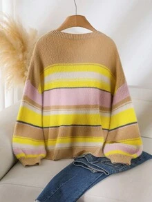 CosyJoli Suéter informal de cuello redondo con parches de rayas multicolor en tallas grandes, suéter a rayas rosa y amarillo, suéter a rayas para mujer, jersey a rayas para mujer, suéter de bloques de color para mujer, suéter de bloques de color, suéter a rayas esponjoso para mujer - Multicolor - Ver 2