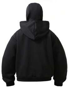 Manfinity EMRG Plus Size Men's Casual Solid Color Zip-Up Hoodie,Vintage,Personalised ,Vacation,Men's,Party,Y2k,Summer,Festival,New Years,Search,Double-Hat Structure Of Face Mask And Cap - Black - View 2