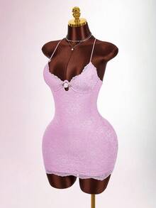 Amplova 蕾丝可爱性感交叉吊带连衣裙 - 粉色 - 查看 7