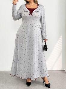 SHEIN CURVE+ Đầm dài tay in nơ cỡ lớn 2 trong 1 thường ngày cho nữ/2026/Năm mới - Nhiều màu - Xem 8