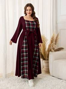 Lacomfia Plus Size Women Casual Knit Patchwork Plaid Waist Belt Dress - Burgundy - View 4