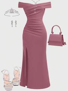 SHEIN Girlism Teen Girls Party Wear Off Shoulder Ruched Elegant Criss-Cross Fishtail Hem Dress Evening Wear Teen Dress Elegant Bridesmaid Dress Simple Prom Dress Dress For Wedding Guest - Rusty Rose - View 3